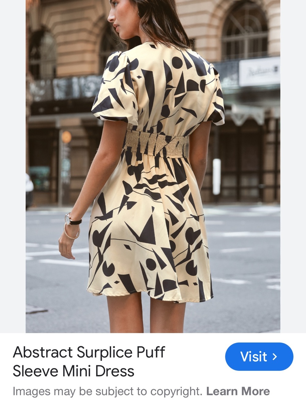 Beige and Black Abstract Print Smocked Waist Dress
